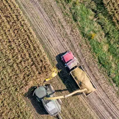 Vehicles out in the fields cropping the harvest, viewed from above