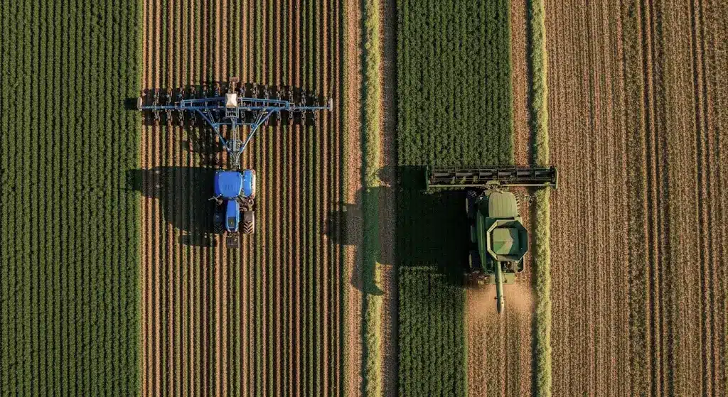 An aerial view of two large machines harvesting crops